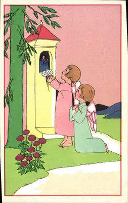 Dwa dzieci i anioł przed dzwonem kościoła — ilustracja — Bouasse-Jeune i Cie, P.C. 24