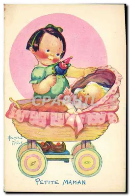 Pequena Mamãe — ilustração de uma menina segurando um pássaro de brinquedo perto de um carrinho de bebê com um bebê — desenho de Paqueline Mallet
