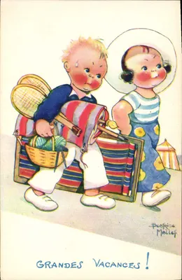 Dois crianças com malas e equipamento de praia — Peotrîca Mallet — Comité National de l'Enfance, Paris