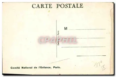 Enfant en pyjama — jouant avec une poupée et un chien — éditeur: Comité National de l'Enfance, Paris — Verso