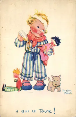 Criança em pijama — com boneca e cachorro — desenho de P. Mallet