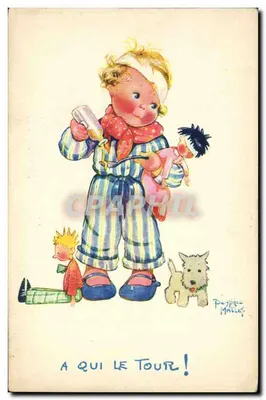 Criança com mamadeira e boneca — A QUI LE TOUR ! — Desenho de P. Mallet