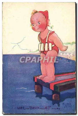 Criança em maiô em um taburete — ilustração de P. Mallet — série Comité National de l'Enfance
