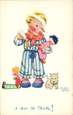 Criança em pijama — com brinquedos — desenho de Pontrice Mallet