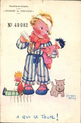 Criança com boneca e cachorro — Meurthe-et-Moselle — Semana da Criança, N° 49082, desenho de Boniface Mallet