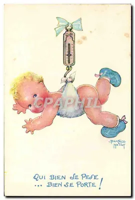 Bebê suspenso em uma balança — ilustração de Pertrice Mallet — Comité National de l'Enfance, Paris