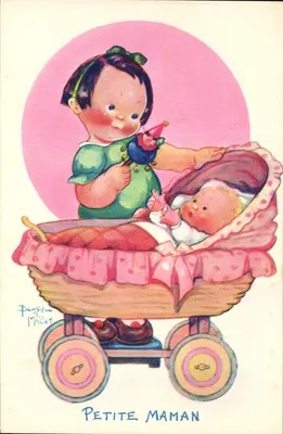 Petite Maman — ilustração de uma menina segurando um bebê em um carrinho de bebê — assinada Pantilée Mallet