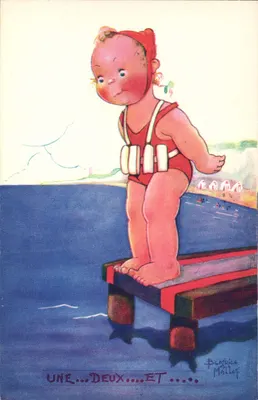 Um bebê em maiô em um pontão — ilustração de Béatrice Mallet — editada pelo Comité National de l'Enfance, Paris