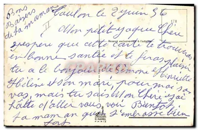 Cachorro e homem — cena humorística com um cachorro segurando uma caixa de 'PATE DE LIEVRE' — desenho de Jean Marc — Verso