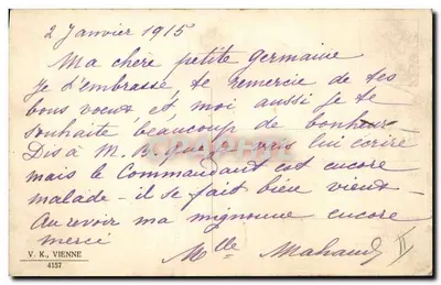 Jovem mulher em vestido azul e chapéu — carta de voto — editor V. K., Viena, n° 4157 — Verso