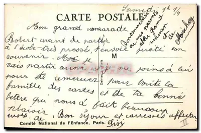 Dois crianças com malas e raquetes — Grandes Vacances ! — Postale-Mailey — Verso