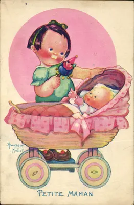 Pequena Mamãe — Ilustração de uma menina empurrando um carrinho com um bebê — Bagnélice Mallet