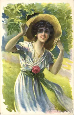 Młoda kobieta w niebieskiej sukni i kapeluszu z szafranu — ilustracja J. M. — wydawca Officio Rev. stampe N. 4108