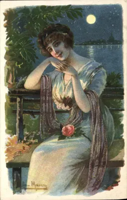 Młoda kobieta przy jeziorze — gwiazdowa noc — rysunek Jana Mauroisa — wydawca Officino Rev.stampa N.4108