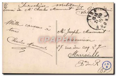 Trincheira Militar — Envio de M. Charles Marmont para Valence — S. Farges, Edit. Lyon — Verso