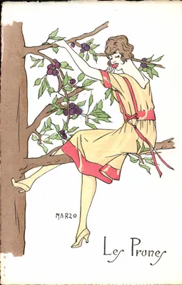 Les Pruney — Ilustração de uma mulher em cima de uma árvore de ameixas — MARZO