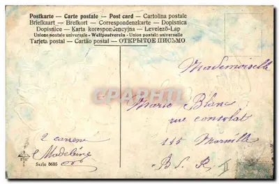 Fioletowe kwiaty — kartka pocztowa — wydawca Madeleine, seria 5635 — Rewers