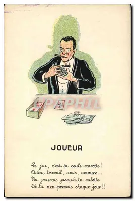 Jogador — caricatura de um homem de smoking com charuto e cartas — editor S-API Paris