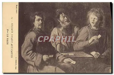 Soldados jogando cartas — reprodução de uma pintura — Frères Le Nain, editor G. Perrin