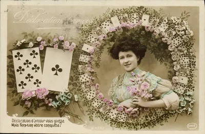 Declaração de amor — Carta postal decorada com cartas de baralho e rosas — CIRCÉ n°4335