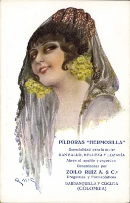 Mulher com véu — propaganda para as píldoras 'Hermosilla' — R. Mir, Edições Victoria, Barcelona