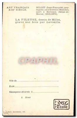 La Fileuse — dessin de J.-F. Millet — gravé sur bois par Lavieille — éditeur L'Art à l'École — Verso