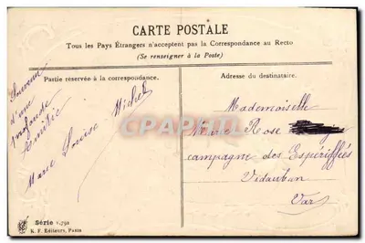 Arranjo de rosas em um cesto — Desejos de Pête — K. F. Editores, Paris, Série 1.792 — Verso