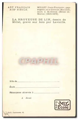Kobieta tłukąca lino — J.-F. Millet — ryt na drewnie przez Lavieille — wydawca L'Art à l'École — Rewers