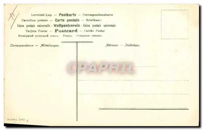 Um homem e um cão evitando um touro — Série 1191/5 — União Postal Universal — Verso