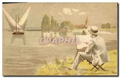 Schilder buiten — uitzicht op meer met zeilboot — F. PAXOT & CIE, Faijouze, LAUSANNE, nr. 5