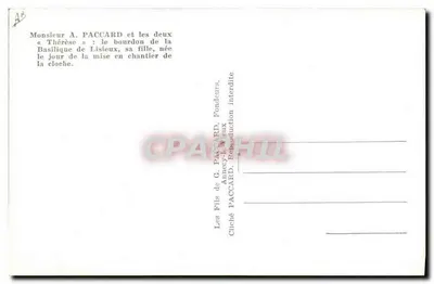 Senhor A. Paccard e as duas « Thérèse » — o bourdon da Basílica de Lisieux, sua filha, nascida no dia da inauguração da campanha — Les Fils de G. Paccard, Annecey-lès-Éaux — Verso