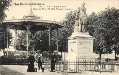 Pau - Place Royale — Estátua de Henri IV e Kiosque de Música — Les Pyrénées Illustrées, n° 881