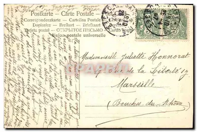 Longe dos olhos, perto do coração — carta postal decorada com flores — Germaine, 8 de abril de 1907 — Verso