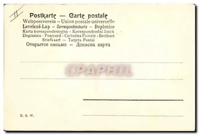 Łowca z psem w lesie — rysunek Fr. Rösler — wydawca E. S. W. — Rewers