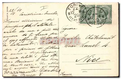 Enfant avec deux chiens et sapin — carte de vœux italienne — imprimée en Autriche — Verso