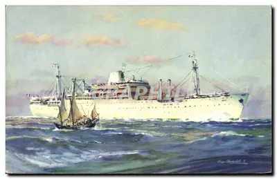 Cruiser Queen Elizabeth 2 — met zeilboot — uitgever Compagnie des Messageries Maritimes "LAOS"