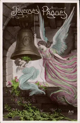 Anjo tocando uma campainha — Felizes Páscoas — A·N Paris, n° 916