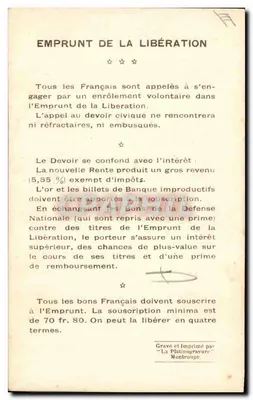 Geral Curières de Castelnau — Comandante de um Grupo de Exércitos (Batalha da Marne, 1914-1918) — Empréstimo da Liberdade — Verso