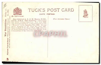 Almirante A.G.H.W. Moore — en uniforme de marina — Foto Russell & Sons, Southampton — Reverso