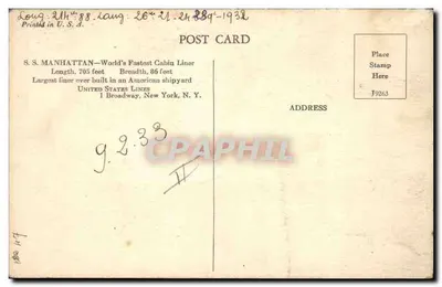 S.S. Manhattan — World's Fastest Cabin Liner — United States Lines, imprimé sur la carte — Achterkant