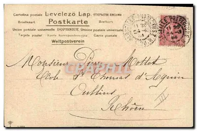 Żołnierz w zimowej lesie — kartka z witań Bożego Narodzenia — wydawca Levelezò Lap, n°5/1904 — Rewers