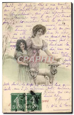 Kobieta i dziecko z owcami — scena pasterska — wydawca nieznany