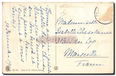 Enfant dans la neige — scène hivernale avec oiseaux — éditeur Voüga & Cie, Genève, n°22 — Verso