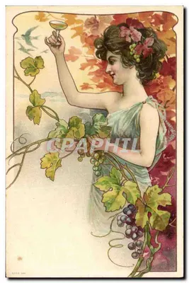 Młoda kobieta z grą wina — ilustracja stylu Art Nouveau — wydawca nieznany, nr serii 304
