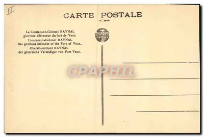 O Tenente-Coronel RAYNAL — glorioso defensor do forte de Vaux — Éditions Verdun — Verso