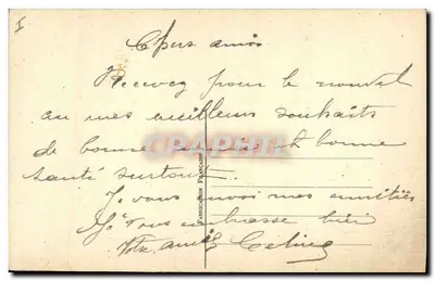 Mulher em vestido azul e chapéu vermelho — Boa Ano Novo 1914 — A. Chatany, série 303 — Verso