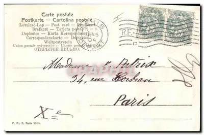 Menina tocando mandolina — carta postal multilíngue — P. F., B. Série 3505 — Verso