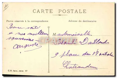 Mulher em vestido branco e chapéu — com dois cães — editor G.H. Paris, série 67 — Verso