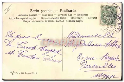Jovem mulher com chapéu de fita — decoração de galhos de pinheiro — 'Bom Ano' — A.S. Série 849 — Verso