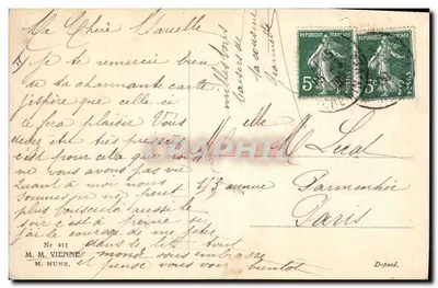 Jovem mulher com chapéu de fita — R.R. Villichera — editor M. Munk, n° 411 — Verso